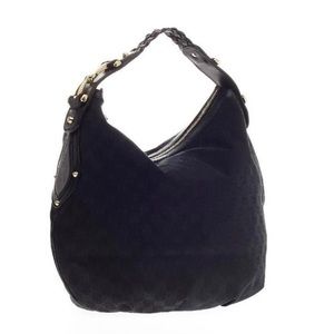 GUCCI
Black GG Fabric Braided Horsebit Hobo Bag